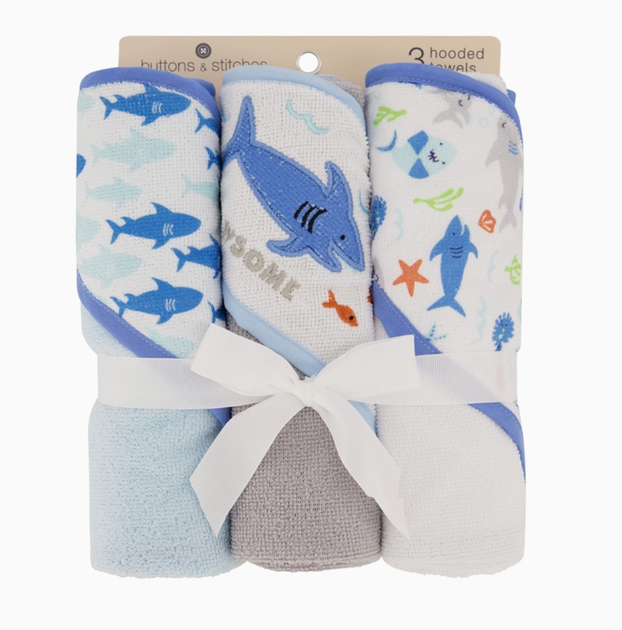 This 3-pack of rolled and carded hooded towels with buttons