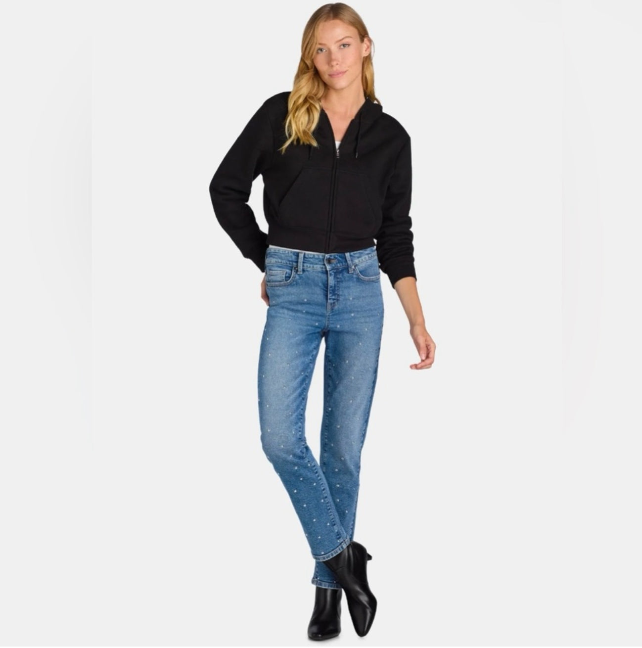 Women's Embellished Studded Front Straight Leg Jean 30" Inseam