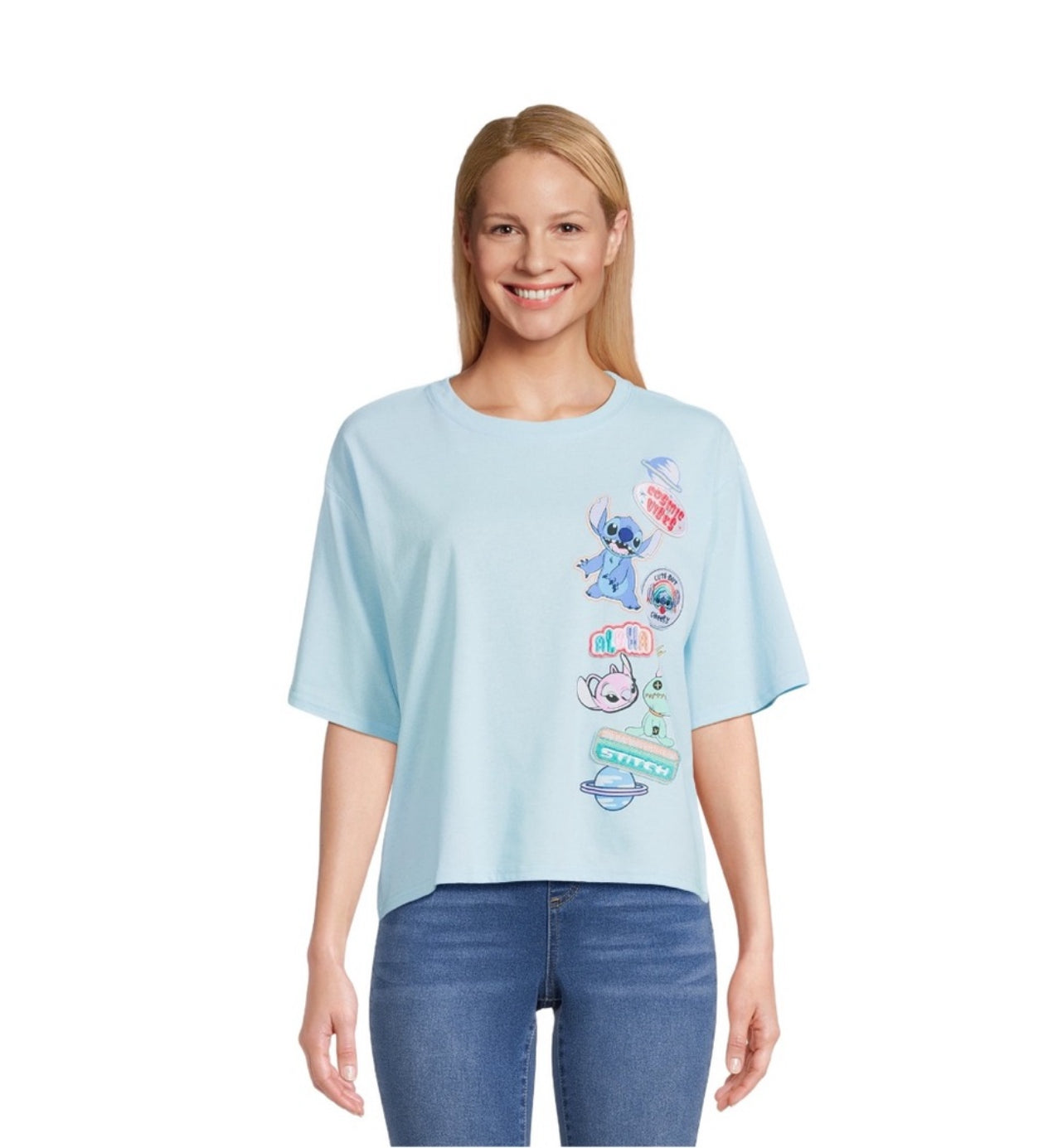 Stitch Women's Multi Patch Graphic Tee with Short Sleeves, Size: XL (15-17)