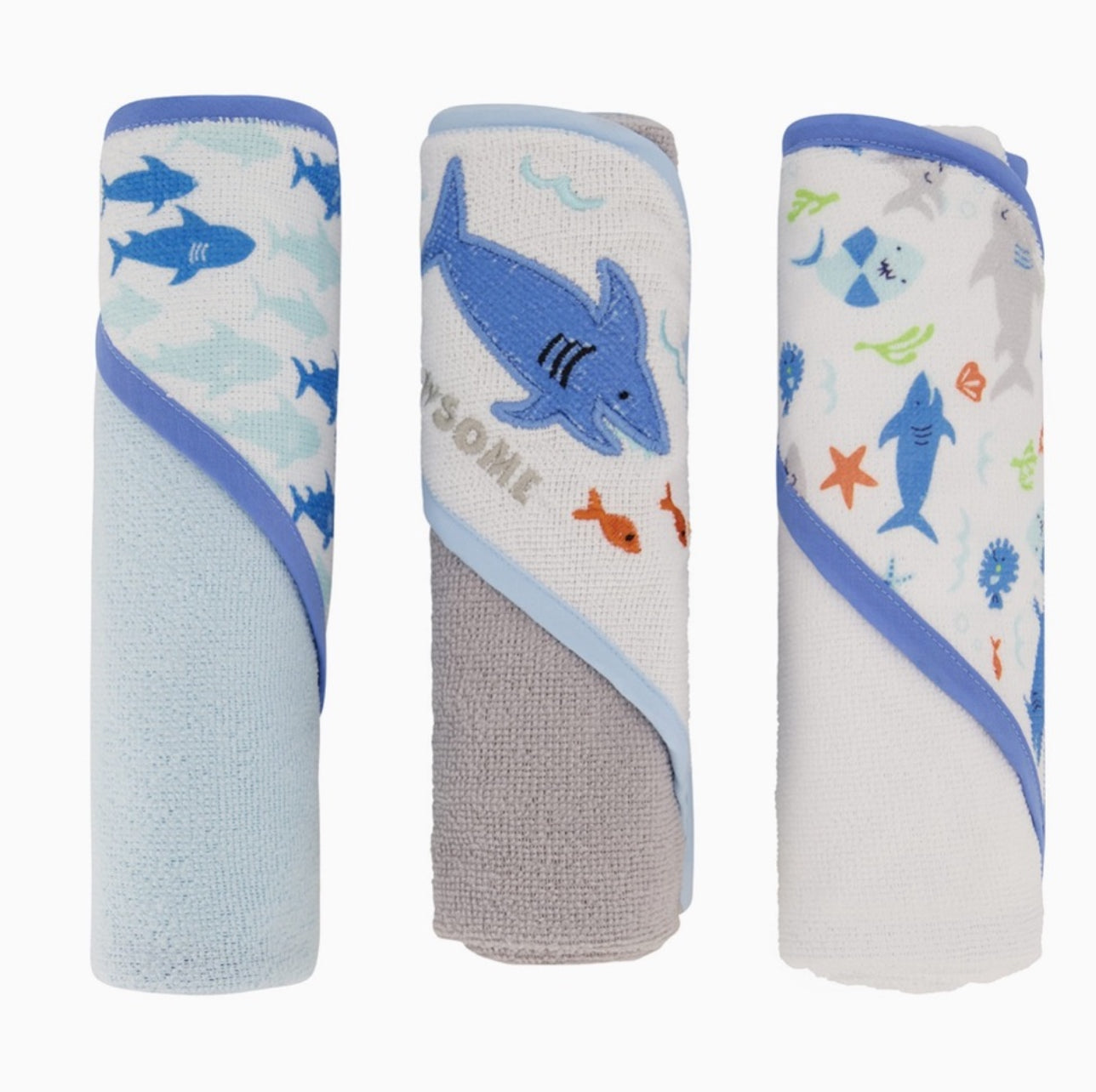 This 3-pack of rolled and carded hooded towels with buttons