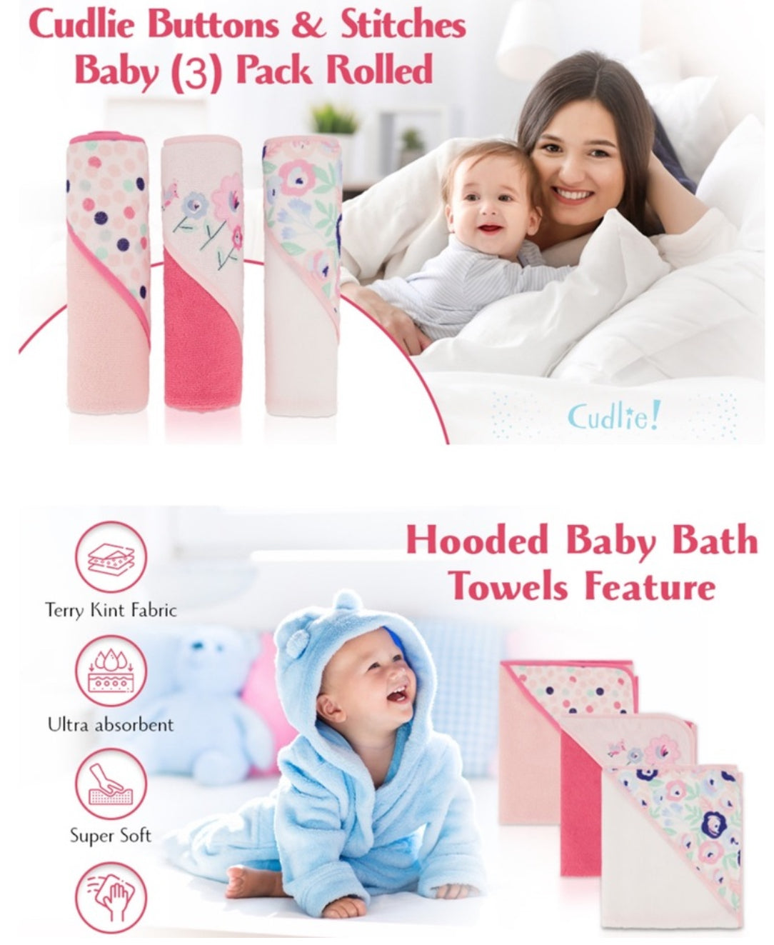This 3-pack of rolled and carded hooded towels with buttons