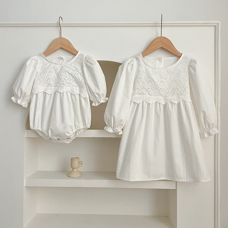 Spring/Autumn Baby Onesies And Dress For Girls With White Lace Trim – Princess Sister Matching Set-0