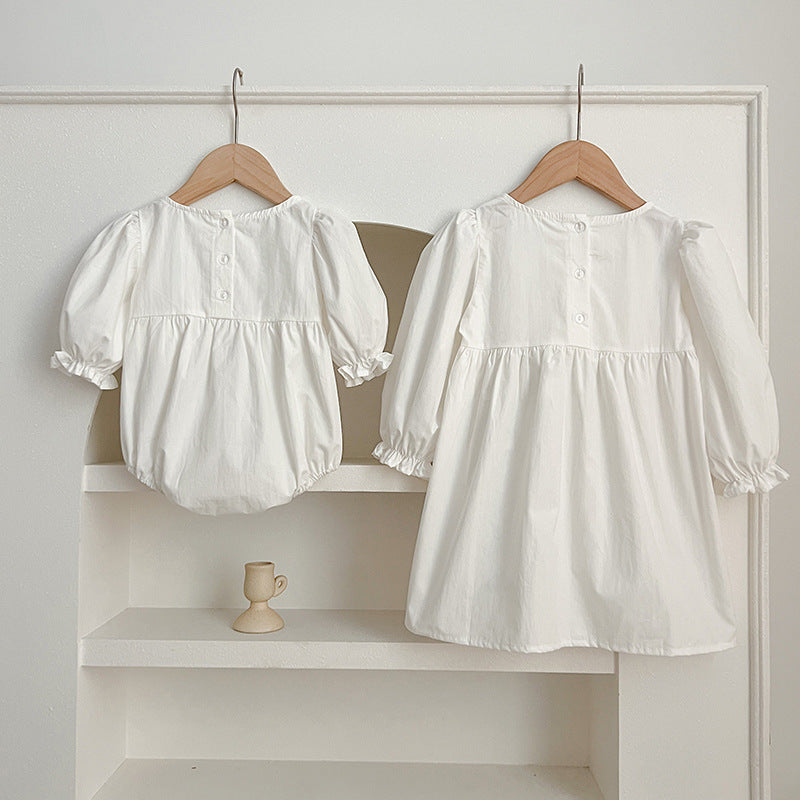Spring/Autumn Baby Onesies And Dress For Girls With White Lace Trim – Princess Sister Matching Set-1