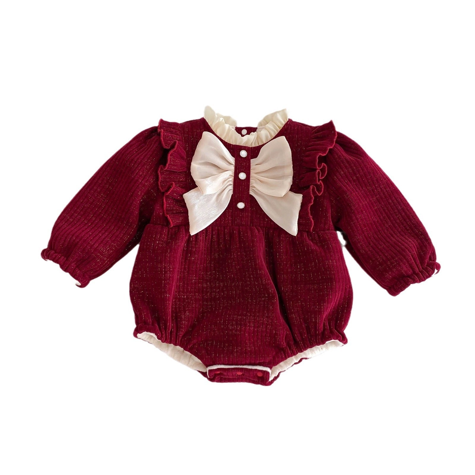 Autumn and Winter Arrival Baby Girls Long Sleeves Ruffle Neck Cozy Fleece Onesies Bodysuits-1