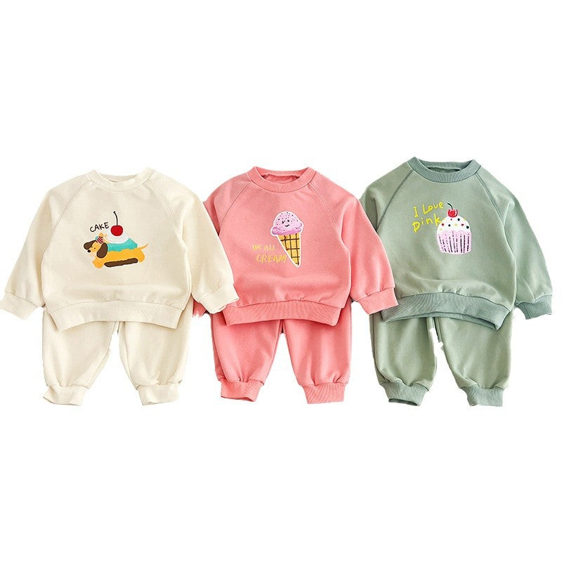 Spring and Autumn Kids Unisex Cute Cartoon Pattern Long Sleeves Top Pullover and Pants clothing Set-2