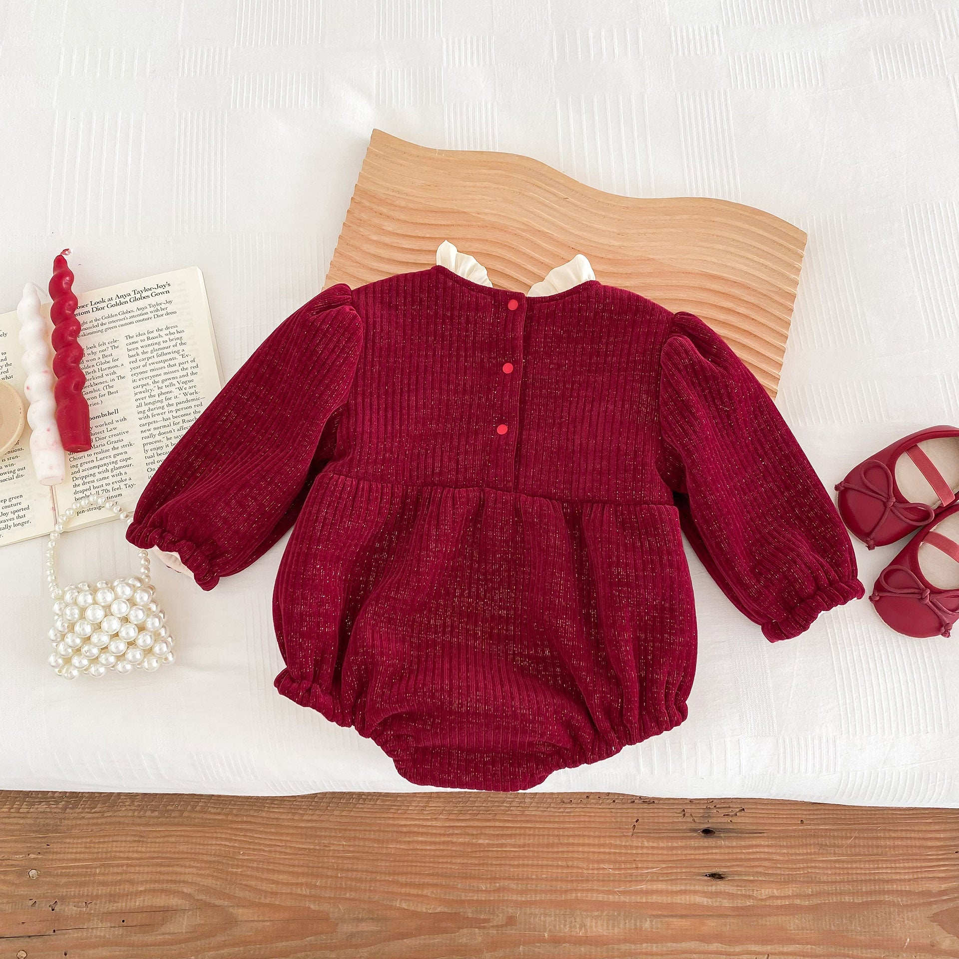 Autumn and Winter Arrival Baby Girls Long Sleeves Ruffle Neck Cozy Fleece Onesies Bodysuits-2