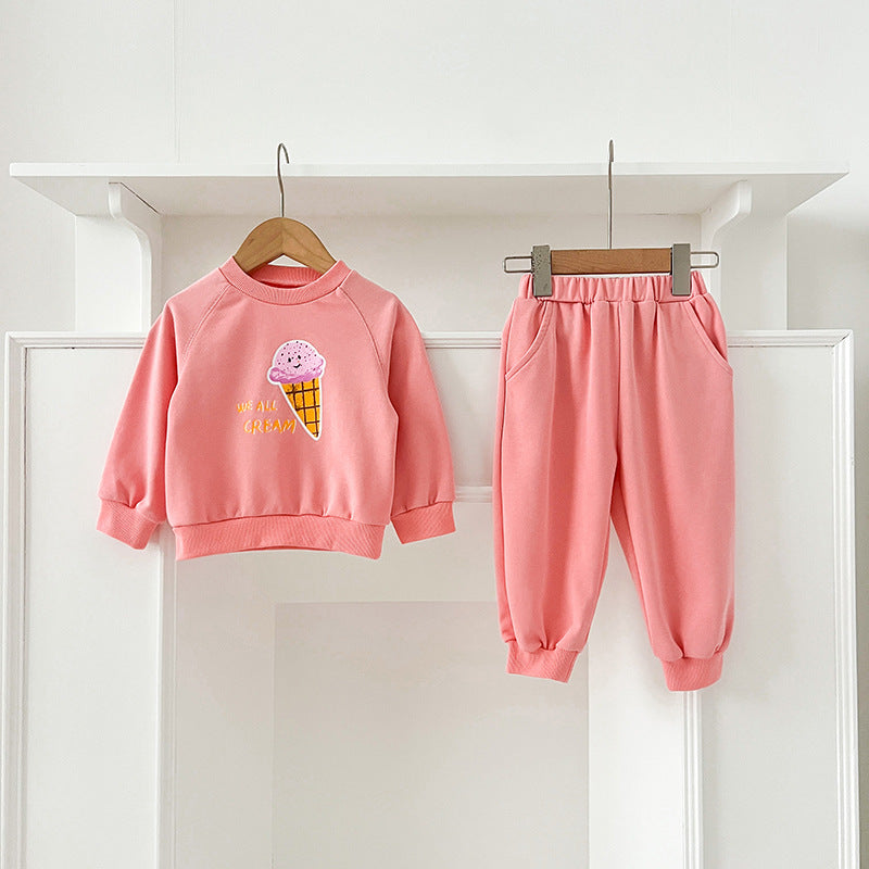 Spring and Autumn Kids Unisex Cute Cartoon Pattern Long Sleeves Top Pullover and Pants clothing Set-4