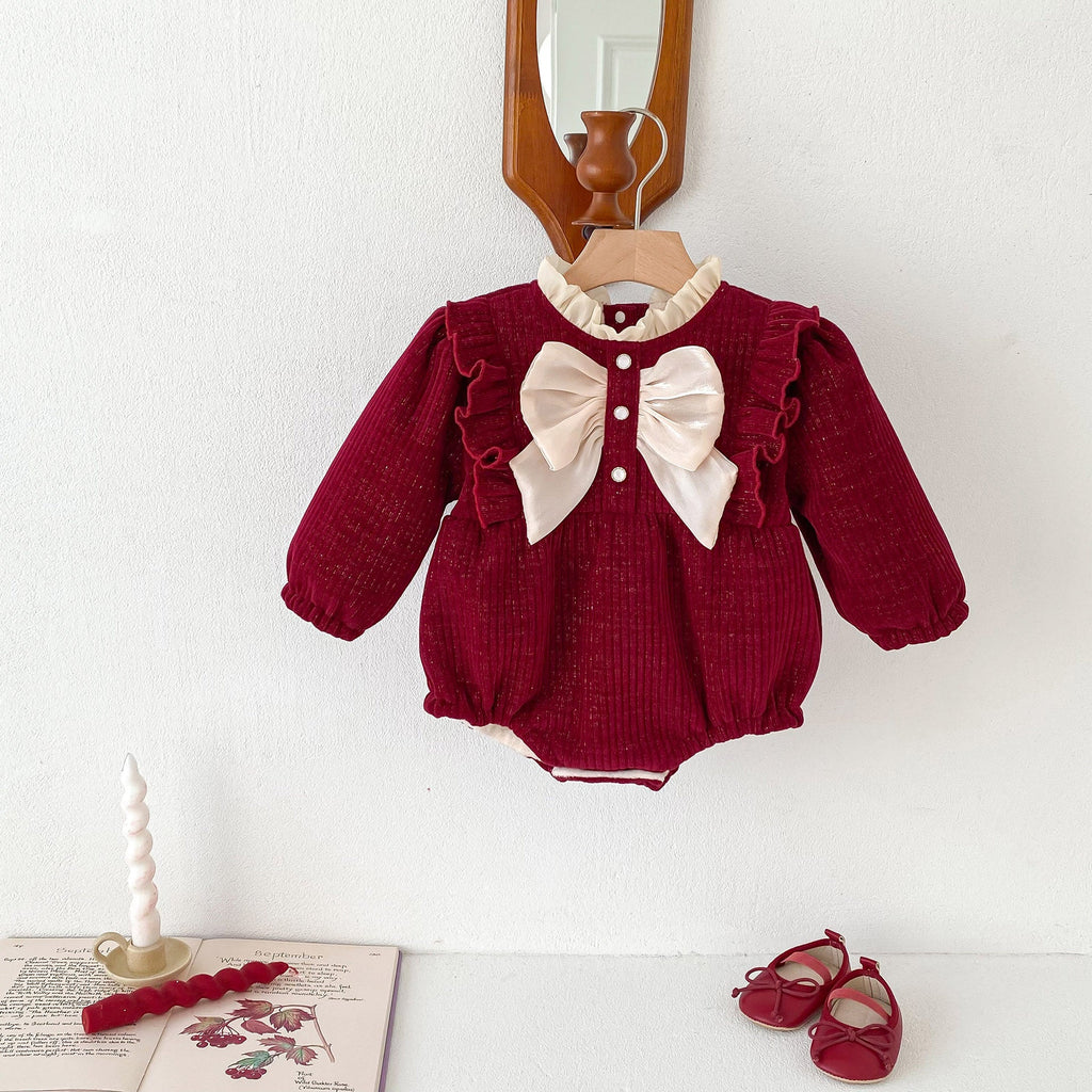 Autumn and Winter Arrival Baby Girls Long Sleeves Ruffle Neck Cozy Fleece Onesies Bodysuits-3
