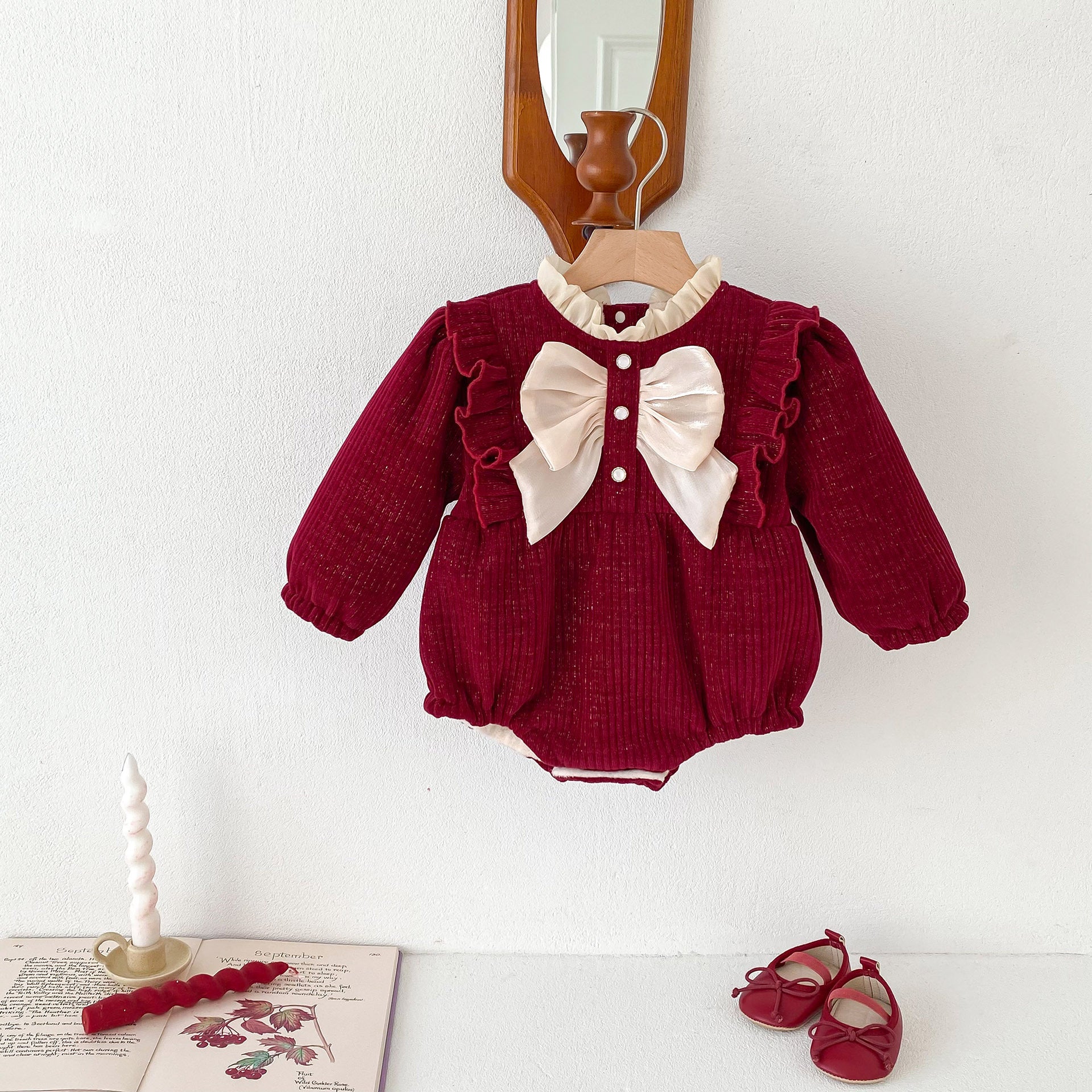 Autumn and Winter Arrival Baby Girls Long Sleeves Ruffle Neck Cozy Fleece Onesies Bodysuits-3