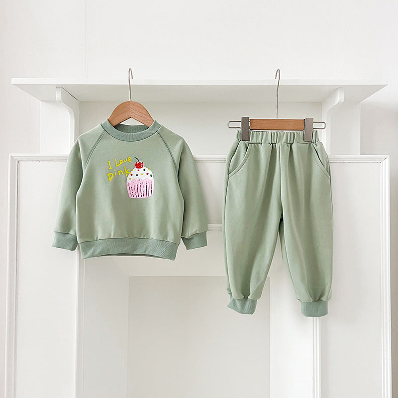 Spring and Autumn Kids Unisex Cute Cartoon Pattern Long Sleeves Top Pullover and Pants clothing Set-5