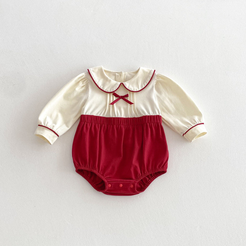 Spring Arrival Baby Girls Cute Color Patchwork Long Sleeves Peter Pan Collar Onesies-5